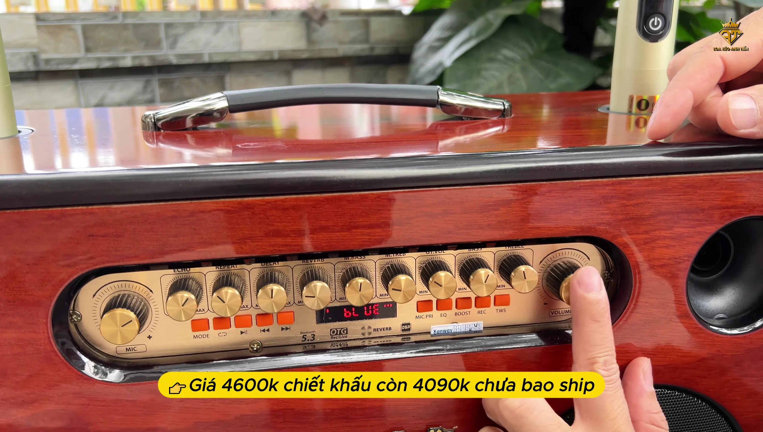 Ảnh cận cảnh bảng điều khiển, cho thấy nút chỉnh bass boost.